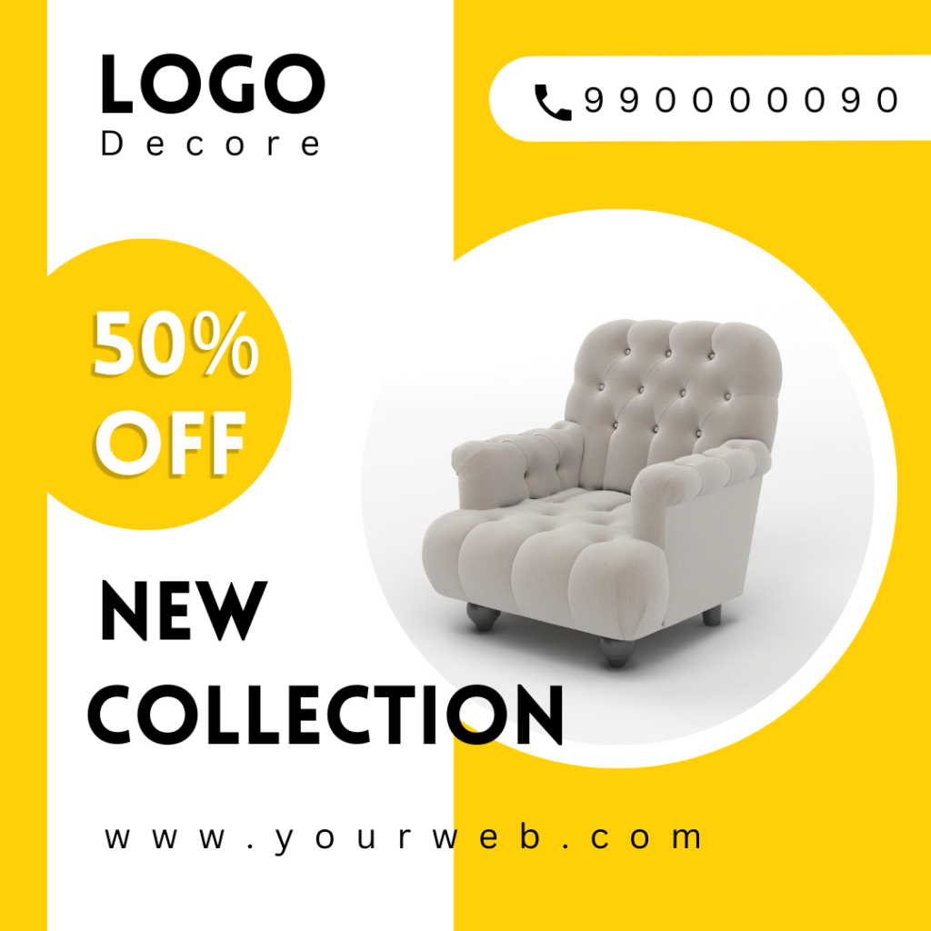 Editable social media template designed for furniture promotion, featuring a chic armchair and customizable branding and discount sections