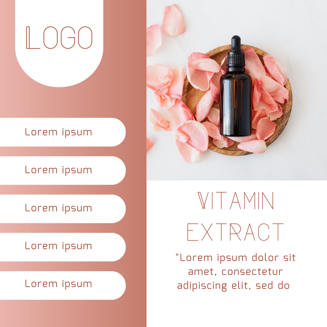 Free editable social media template for beauty brands, featuring a customizable design with a vitamin extract serum bottle and floral elements.